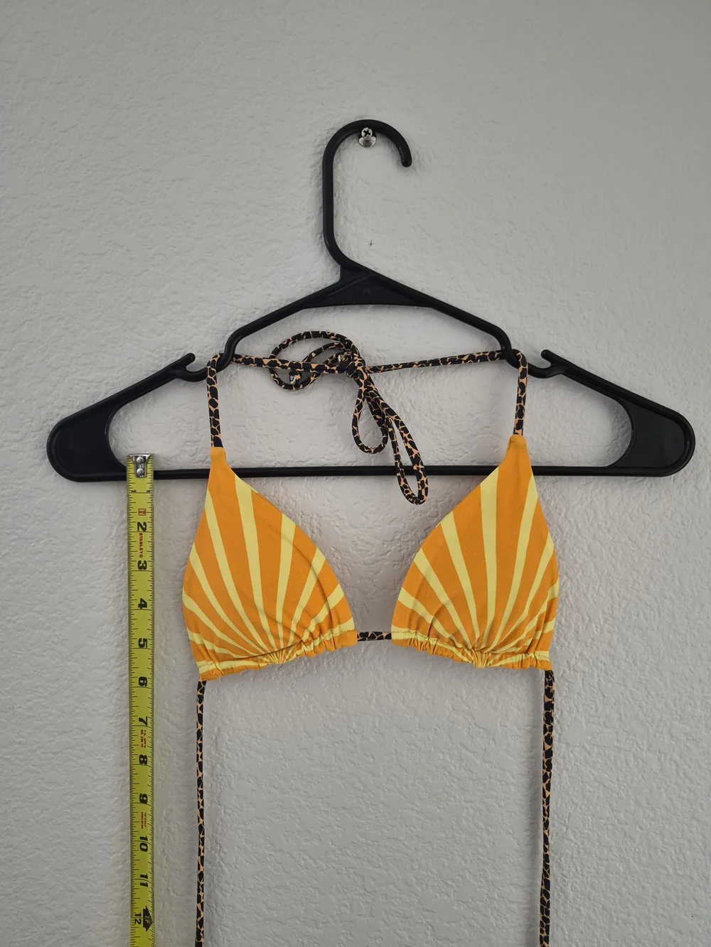 Yellow Stripe Triangle Bikini Top with Leopard Tie - Picture 3 of 5